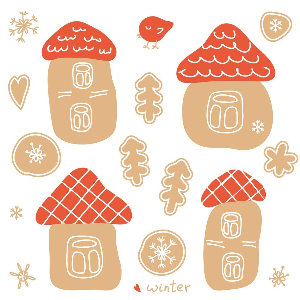 Winterkollektion im Cartoon-Stil mit Lebkuchenhäusern, Weihnachtsbäumen, Vögeln und Schneeflocken. vektor