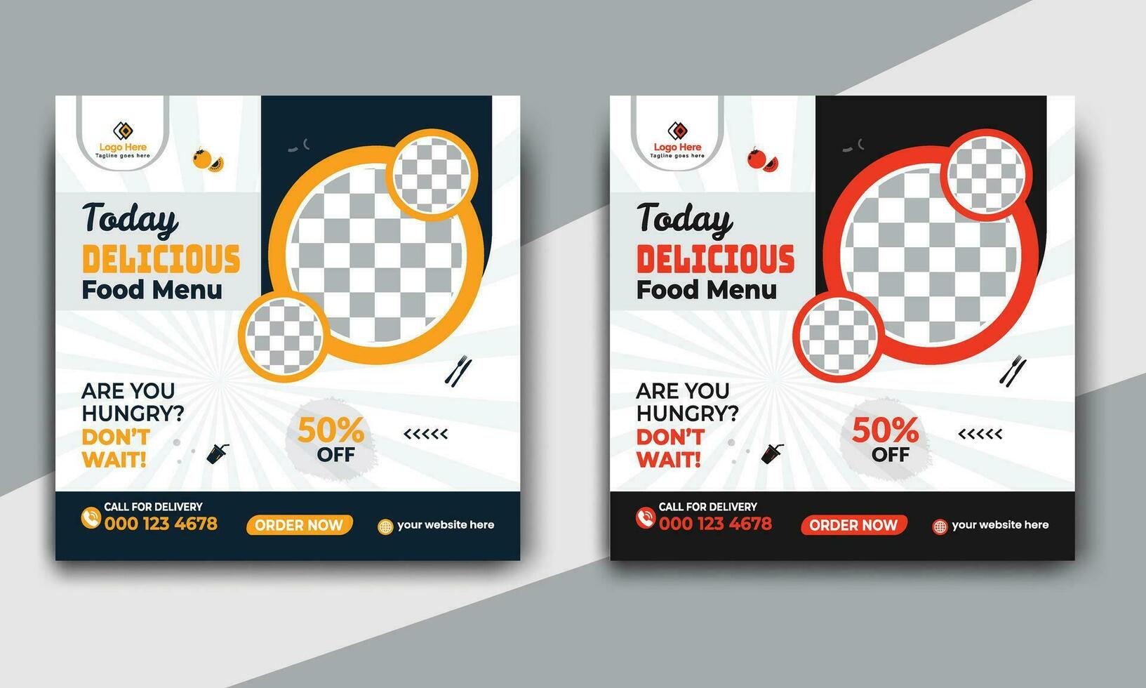 schnell Essen Restaurant Geschäft Marketing Sozial Medien Post oder Netz Banner Vorlage Design mit abstrakt Hintergrund. frisch Pizza, Burger und online Verkauf Beförderung Flyer oder Poster Design. vektor