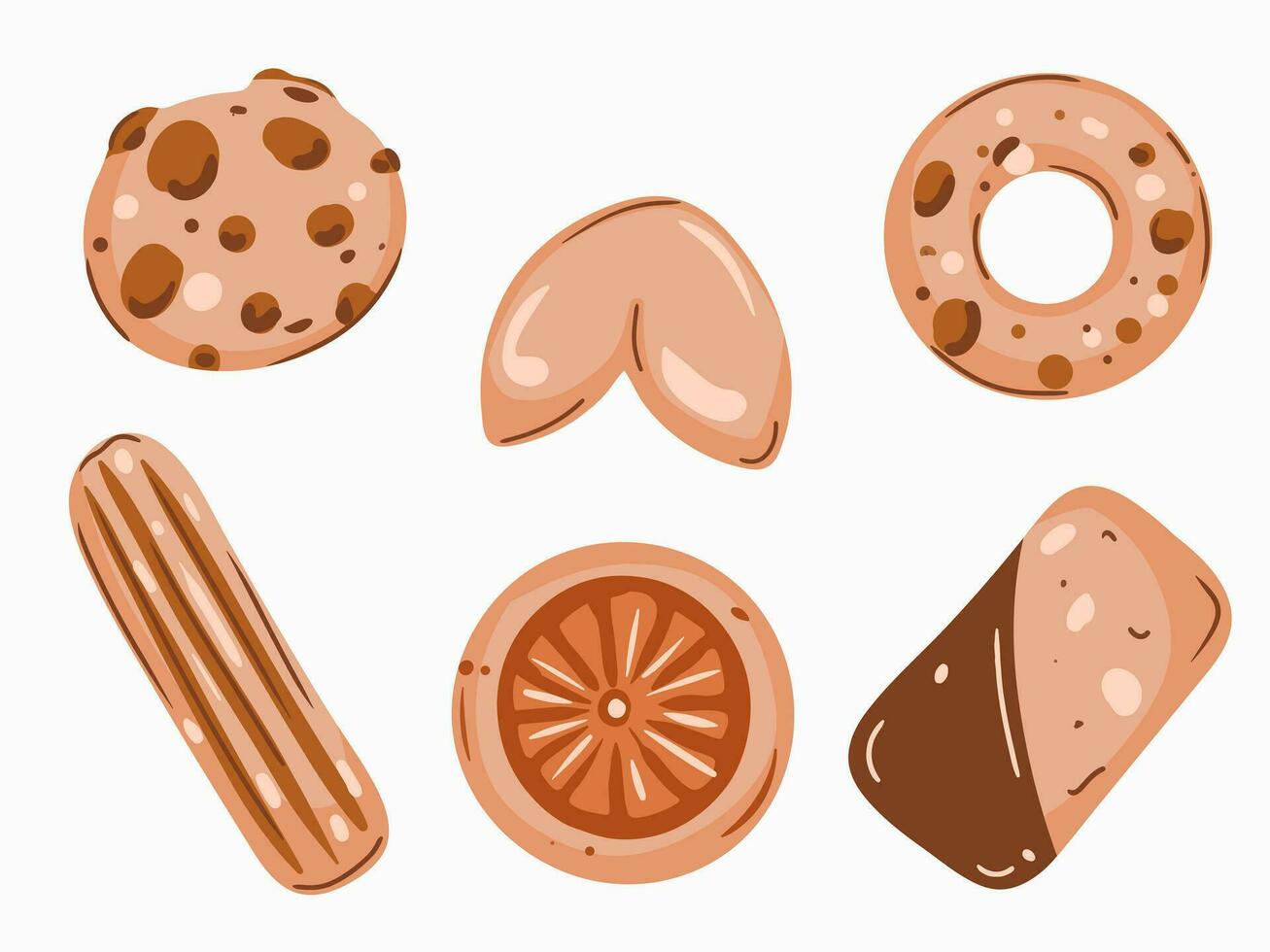 uppsättning av kaka i tecknad serie stil och minimalism. mandel småkakor, orange småkakor, förmögenhet småkakor, choklad kaka vektor