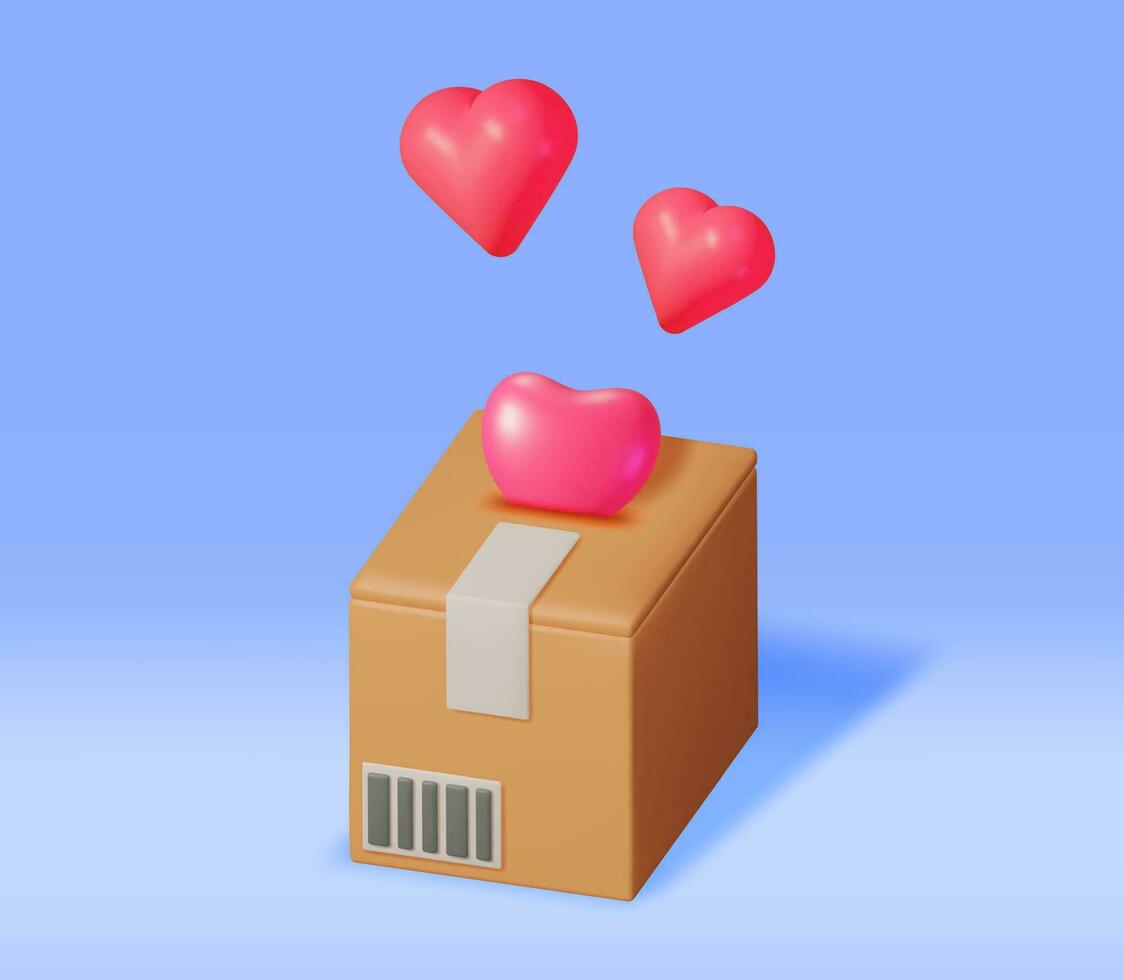 3d Karton Box mit Herzen innen. öffnen Karton Paket mit Liebe Herz Formen. spenden Geld, Wohltätigkeit, speichern Geld Konzept. Ladung, Lieferung und Transport. Vektor Illustration