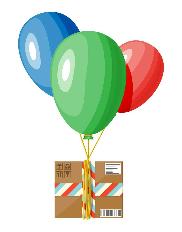 luft ballonger och kartong låda paket. kontaktlös leverans tjänster och e-handel. uppkopplad internet Lagra och kontaktlös leverans. platt vektor illustration