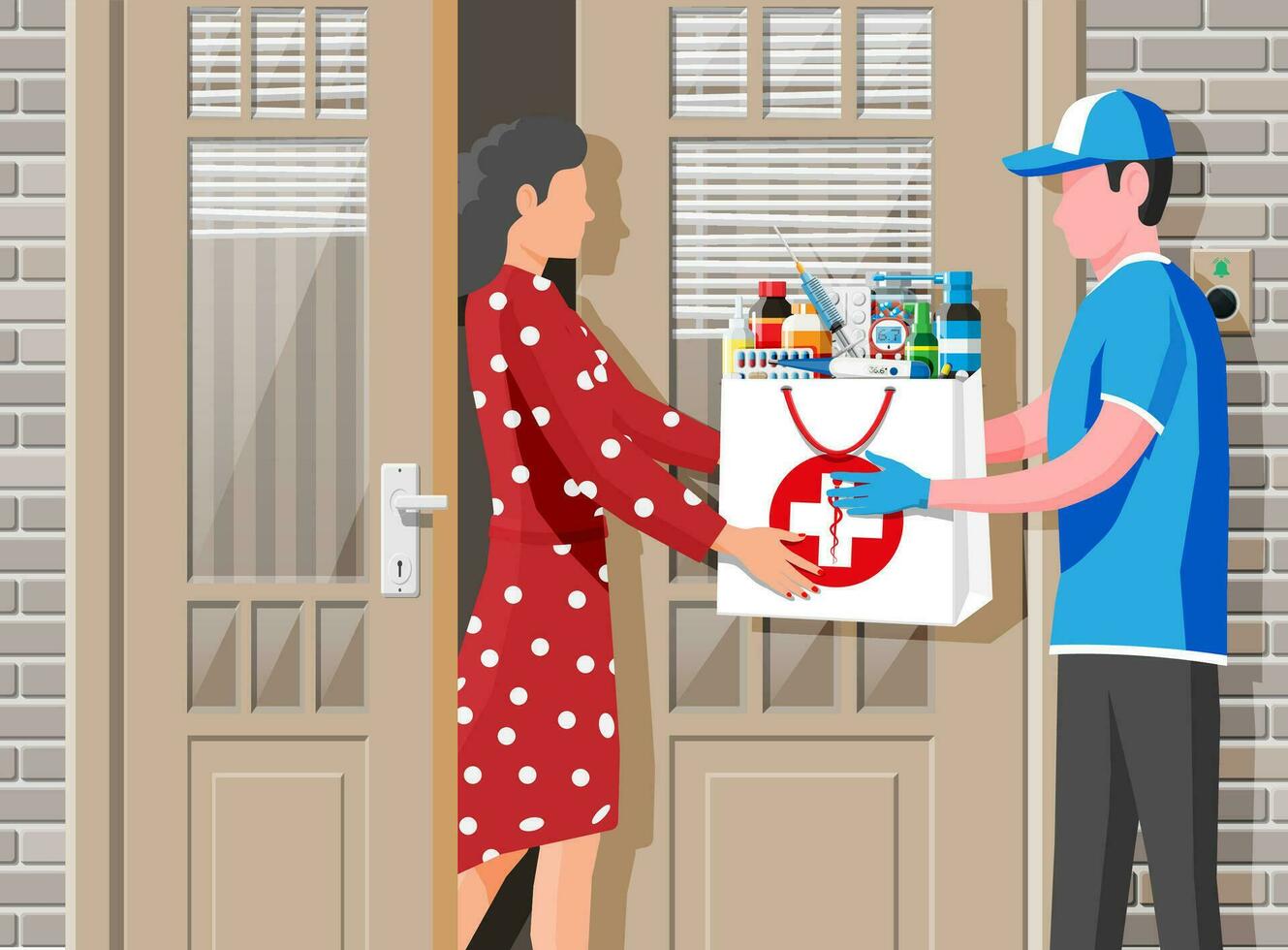 kurir levereras paket av läkemedel till kund. apotek leverans service begrepp. leverans man ge beordrade medicinsk Produkter till kvinna. uppkopplad apotek eller internet affär. platt vektor illustration