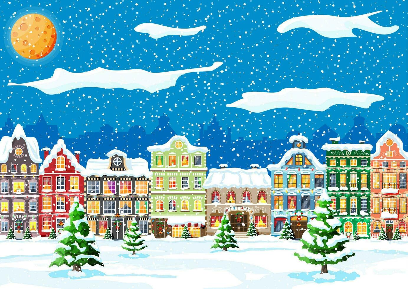 Weihnachten Karte mit städtisch Landschaft und Schneefall. Stadtbild mit bunt Häuser mit Schnee im Nacht. Winter Dorf, gemütlich Stadt, Dorf Stadt Panorama. Neu Jahr Weihnachten Weihnachten Banner. eben Vektor Illustration