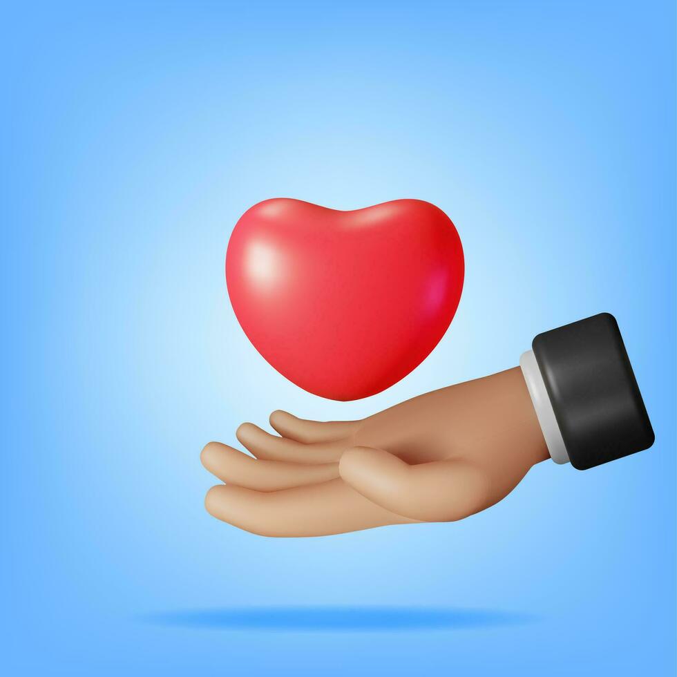 3d Herz gestalten im Mensch Hand isoliert. machen stilisiert Karikatur hyman Palme halten Herz unterzeichnen. Wohltätigkeit, Spende, Liebe, Hilfe und Hilfe Konzept. Vektor Illustration