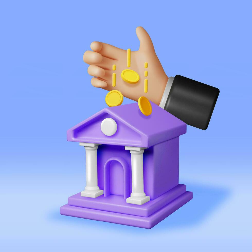 3d Bank Gebäude und Hand mit Münze. machen finanziell Haus Symbol. Konstruktion mit Säulen im uralt Design. Geld Anzahlung und Rückzug, finanziell Transaktionen Bedienung Banken. Vektor Illustration