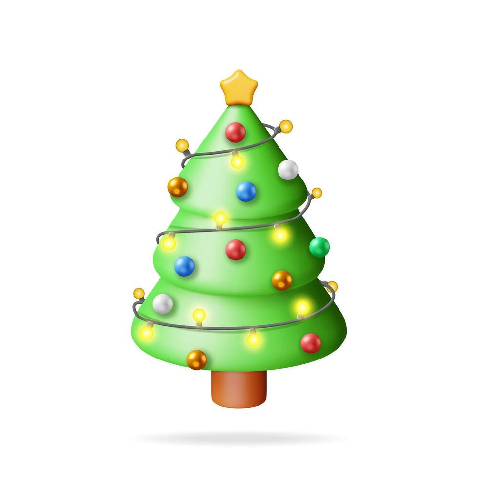 3d jul träd dekorerad med färgrik bollar, krans lampor, gyllene stjärna. framställa gran, vintergröna träd. hälsning kort, festlig affisch, fest inbjudningar. ny år. realistisk vektor illustration