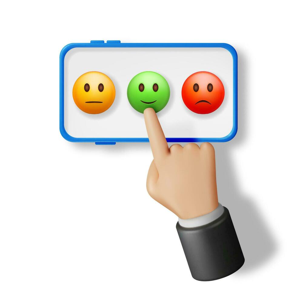 3d Kunde Bewertung Lächeln Emoticons Checkliste im Handy, Mobiltelefon Telefon isoliert. machen positiv, neutral und Negativ Symbole. Referenzen Bewertung, Rückmeldung, Umfrage, Qualität, Rezension. Vektor Illustration
