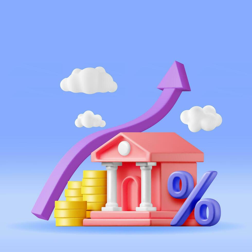 3d tillväxt Bank stock Diagram pil med gyllene mynt. framställa stock pil med pengar och procentsats symbol. finansiell, företag investering finansiell marknadsföra handel. pengar och bankverksamhet. vektor illustration