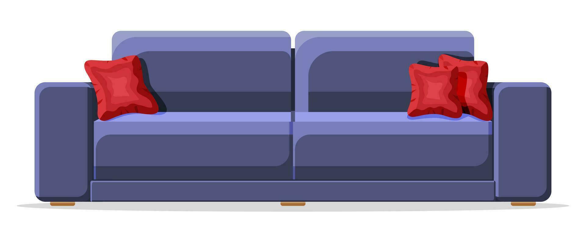blå soffa med röd kudde isolerat på vit. levande rum möbel. dekorerad modern interiör element. interiör Artikel för koppla av och arbete. tecknad serie platt vektor illustration i platt stil