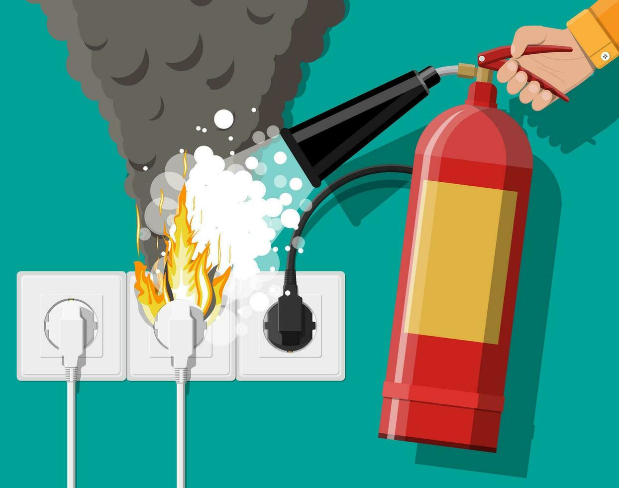 elektrisch Auslauf mit Stecker auf Feuer und Feuer Feuerlöscher im Hand mit Schaum. Überlast von Netzwerk. kurz Schaltkreis. elektrisch Sicherheit Konzept. Mauer Steckdose im Flammen mit Rauch. eben Vektor Illustration