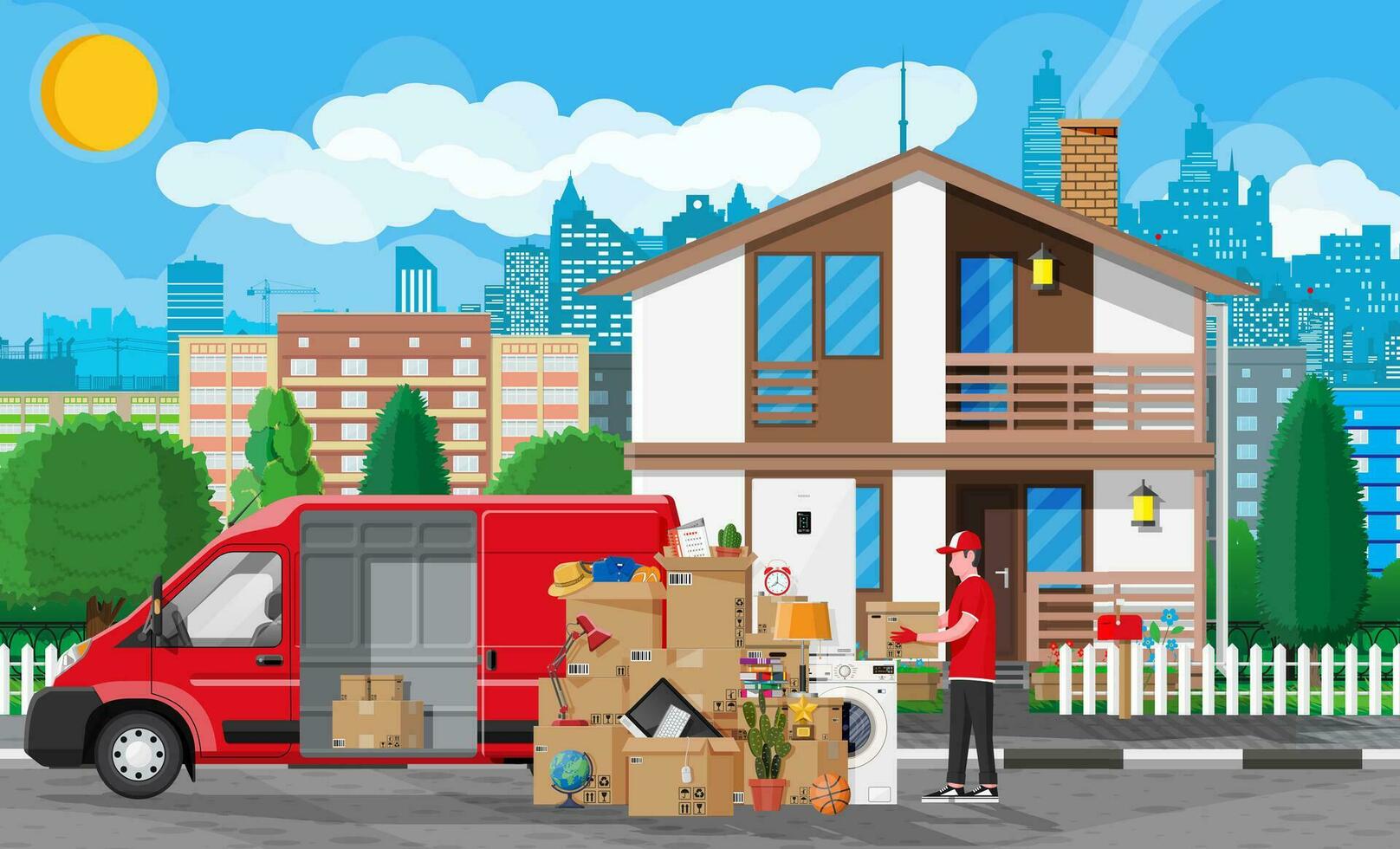 ziehen um zu Neu Haus. Familie verlegt zu Neu heim. männlich Beweger, Papier Karton Kisten in der Nähe von Haus Fassade. Paket zum Transport. Lieferung van voll von Waren. Vektor Illustration im eben Stil