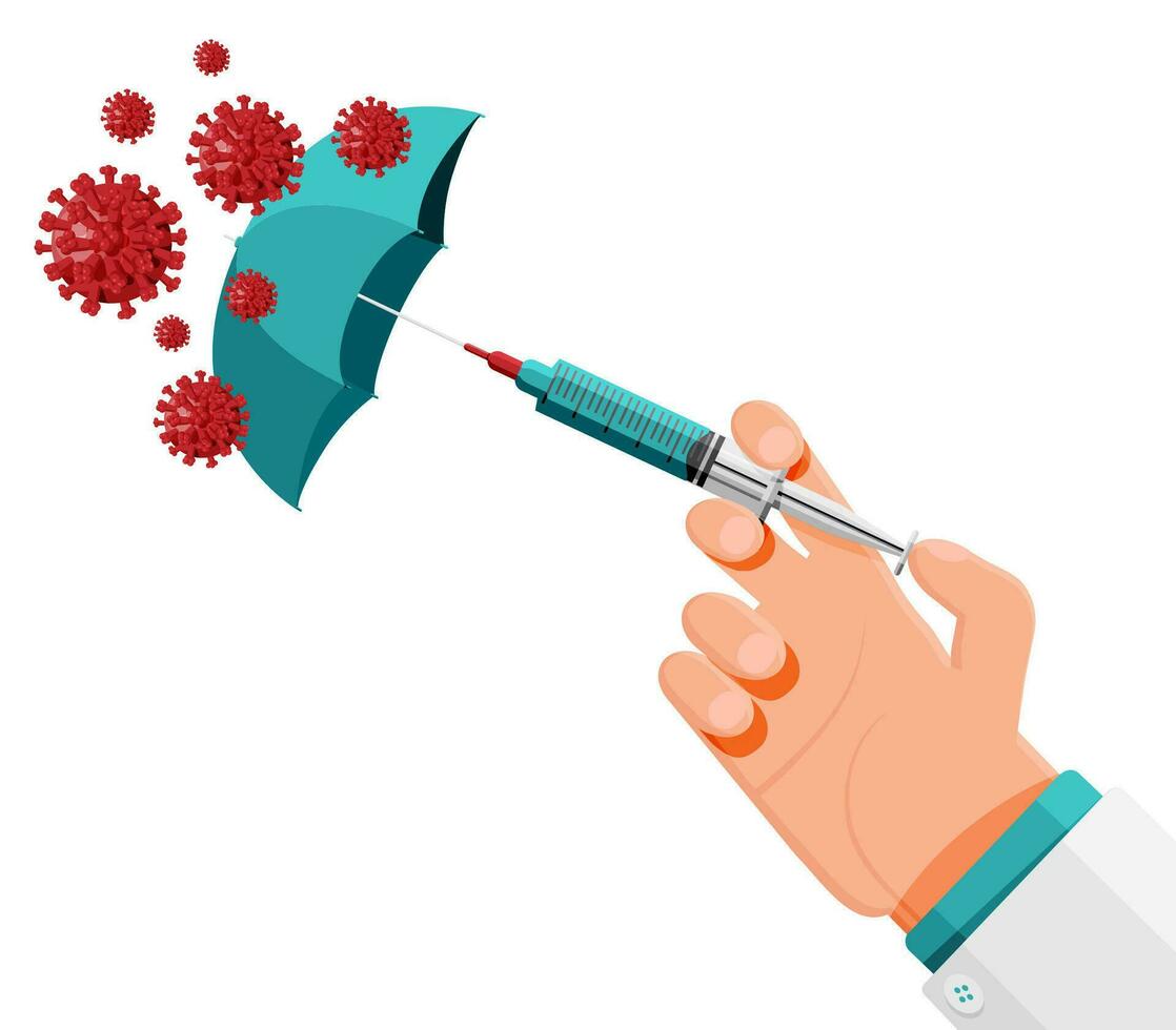 Impfung gegen Coronavirus. Zeit zu impfen, Konzept. Ärzte Hand mit Spritze Injektion Impfung. Regenschirm schützen gegen Corona Virus, Zelle Modelle, Gesundheit Pflege. eben Vektor Illustration