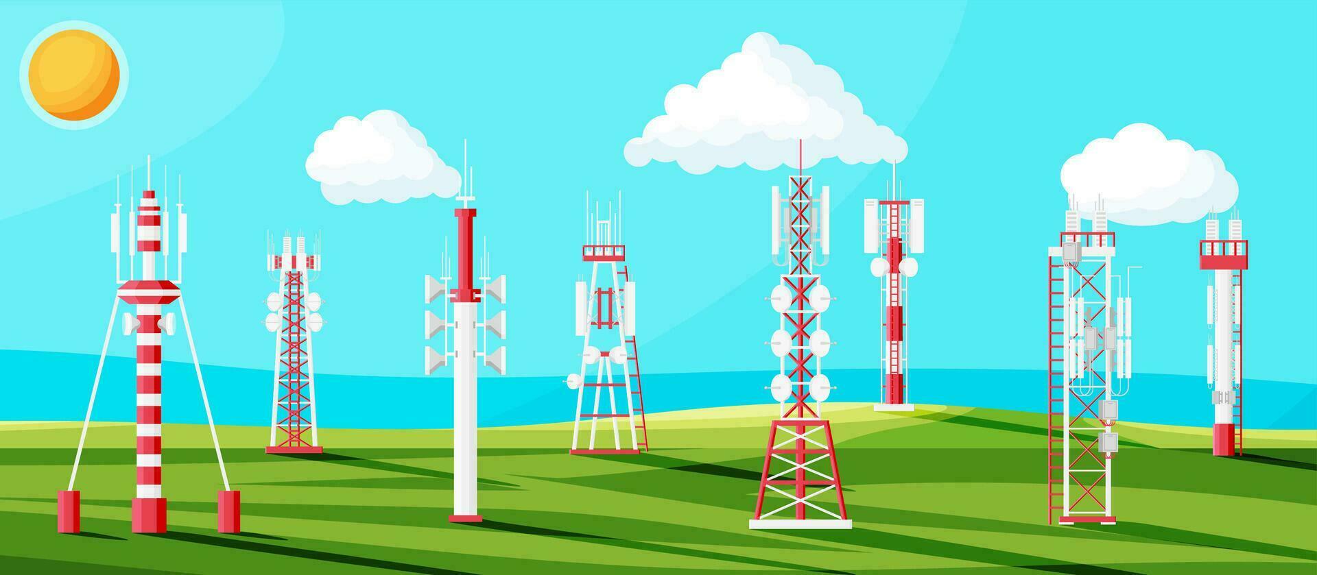 överföring cellulär torn antenn landskap. nätverk utsända Utrustning isolerat. sändning, internet, tv cell station. 4g 5g. satellit kommunikation antenn. platt vektor illustration