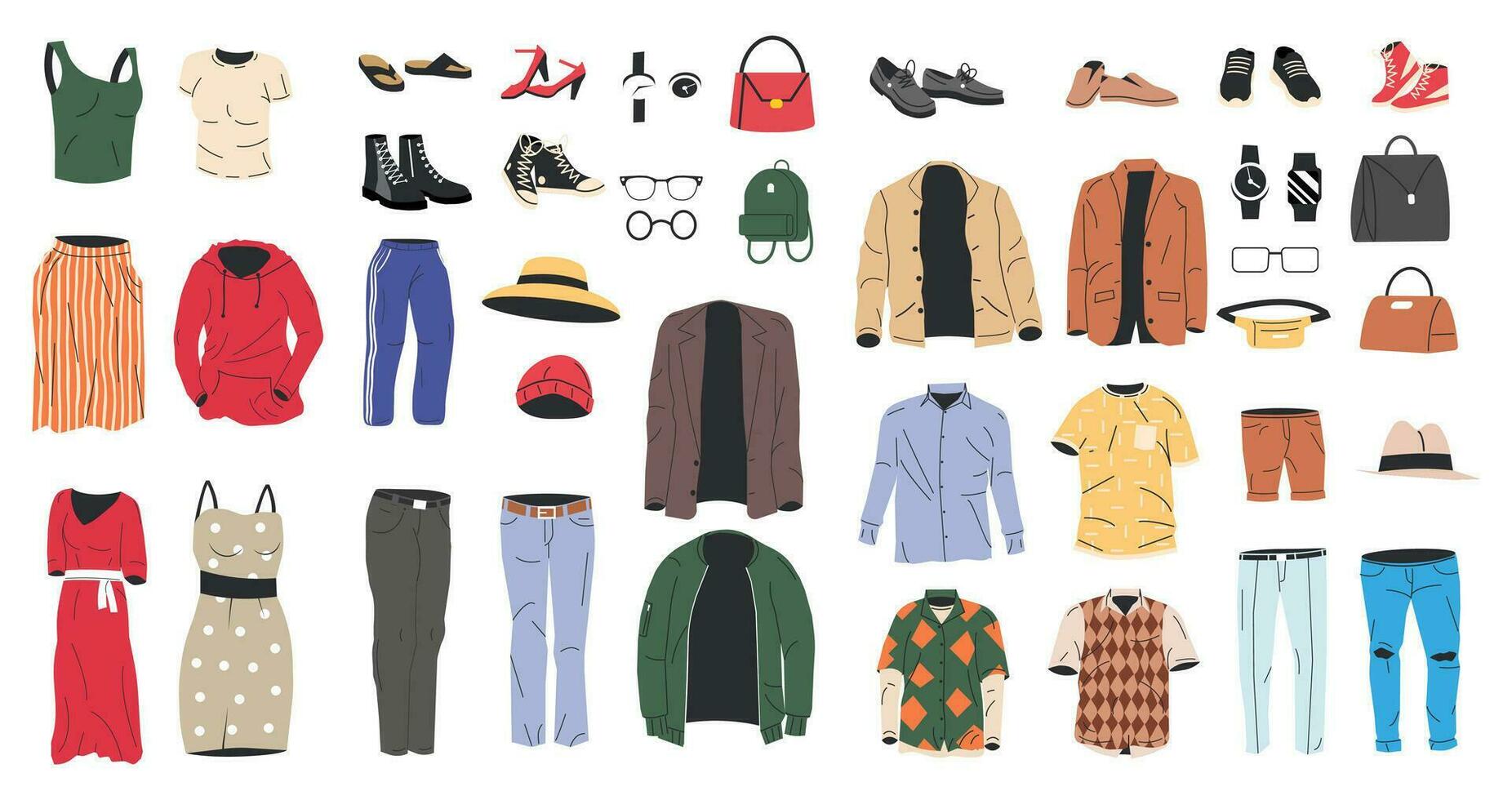 Sammlung von Frau und Mann Kleiderschrank. einstellen von weiblich und männlich Kleider und Zubehör. verschiedene Mädchen und Junge Kleidung. Jacke, Schuhe, Shirt, Hose, Uhren, Brille, Hut. eben Vektor Illustration