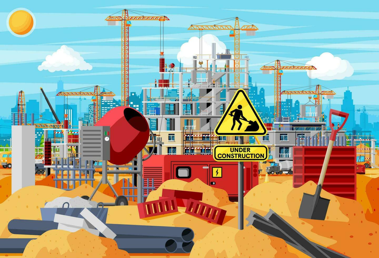 Konstruktion Seite? ˅ Banner. Beton Rührgerät, Schaufel, Turm Kran und Ziegel im Stapel von Sand. unter Konstruktion Design Hintergrund. Gebäude Materialien und Ausrüstung. Karikatur eben Vektor Illustration