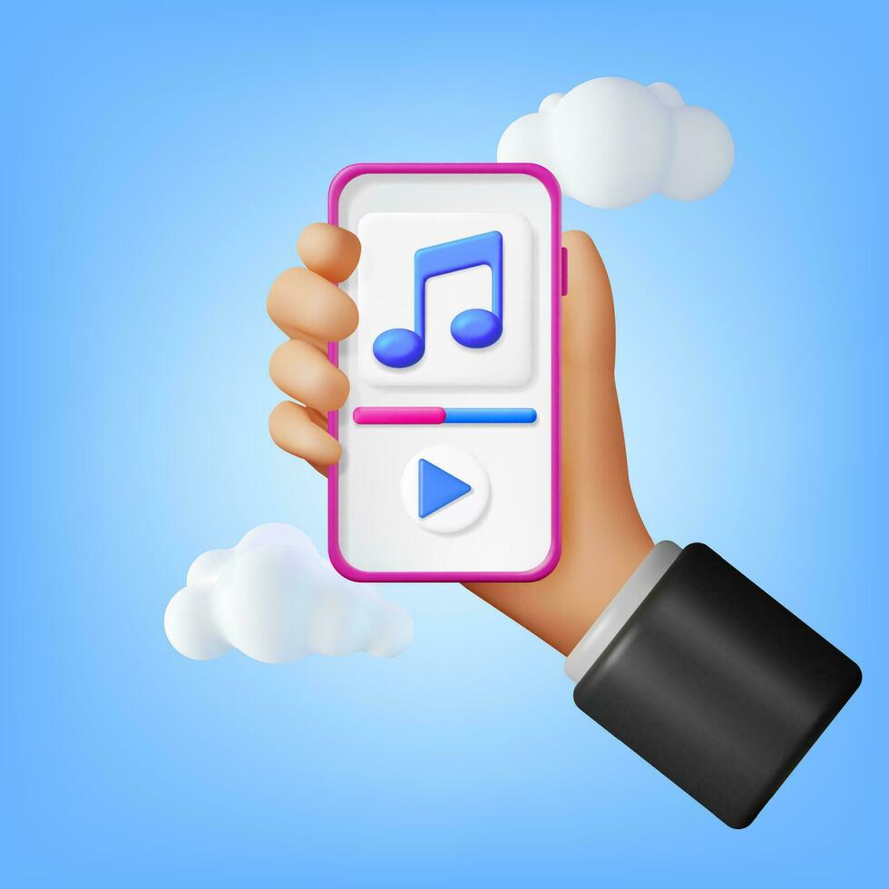 3d Hand mit Musik- Wolke Hinweis im Handy, Mobiltelefon Telefon. machen Smartphone Streaming Musik- Plattform Symbol. modern Musik- Service. Hinweis realistisch Design. Musical Notiz, Klang Lied oder Lärm unterzeichnen. Vektor Illustration