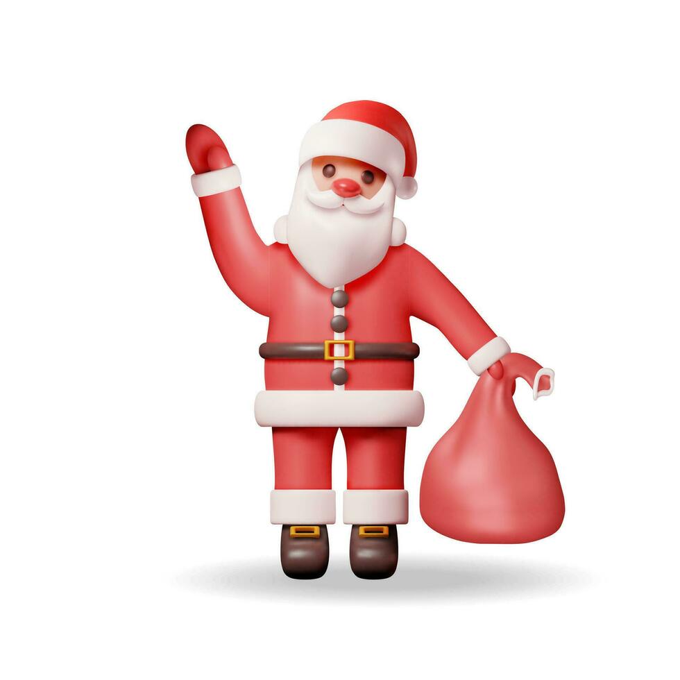 3d Santa claus Charakter mit Geschenk Tasche isoliert. machen Stehen Weihnachten Weihnachtsmann. glücklich Neu Jahr Dekoration. fröhlich Weihnachten Urlaub. Neu Jahr und Weihnachten Feier. realistisch Vektor Illustration