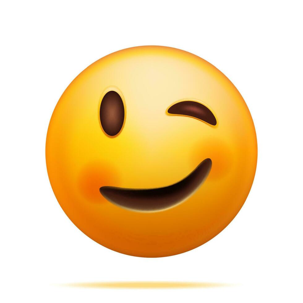 3d Gelb glücklich Emoticon mit zwinkert Gesicht isoliert auf Weiß. machen leicht zwinkert Emoji. glücklich Gesicht einfach. Kommunikation, Netz, Sozial Netzwerk Medien, App Taste. realistisch Vektor Illustration