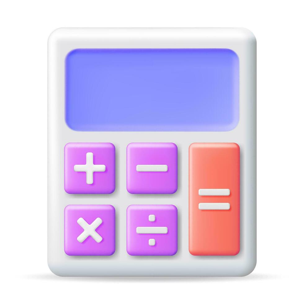 3d modern Taschenrechner isoliert auf Weiß. Mathematik Symbol. Zusatz, Subtraktion, Multiplikation und Aufteilung Tasten. Arithmetik Operationen. finanziell Mathematik Gerät Berechnung. Vektor Illustration