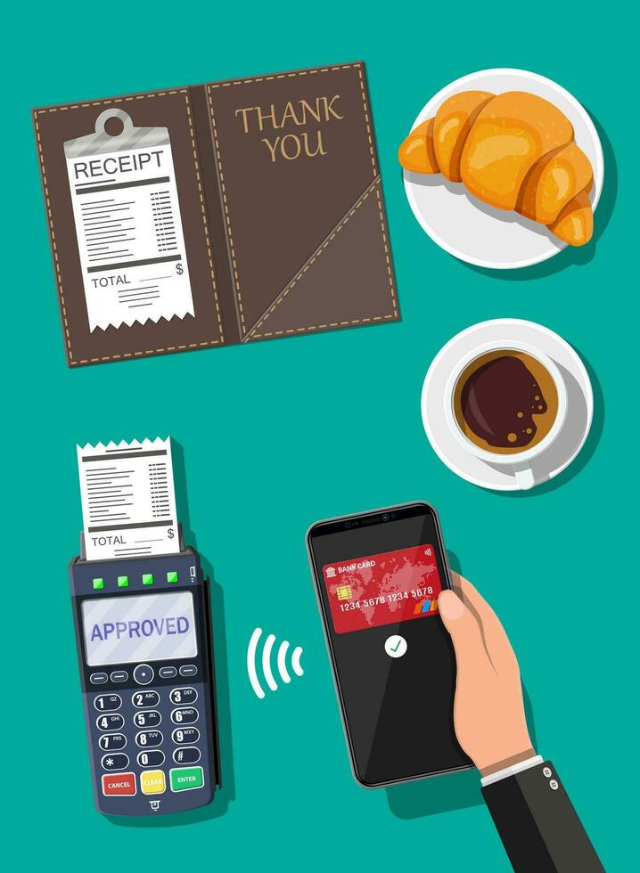 pos Terminal und Handy, Mobiltelefon Smartphone Zahlung Transaktion. Leder Mappe zum Kasse, Kassierer überprüfen, Kaffee, Kuchen. kabellos, kontaktlos oder bargeldlos Zahlungen, rfid NFC. Vektor Illustration im eben Stil