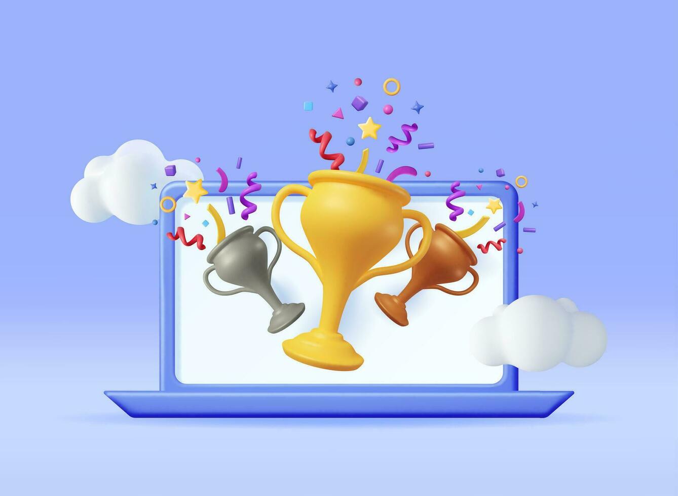 3d vinnare bärbar dator med guld trofén och konfetti. framställa dator med gyllene kopp och konfetti. tilldela seger, mål, mästare prestation, pris, sporter tilldela, Framgång begrepp. vektor illustration
