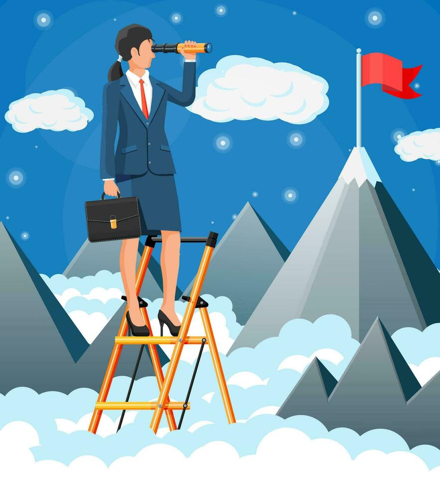affärsman på stege ser för möjligheter i kikare. företag kvinna se upp till de mål på berg. Framgång, prestation, företag syn karriär mål. platt vektor illustration