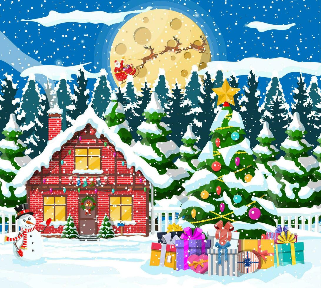 förorts hus täckt snö. byggnad i Semester prydnad. jul landskap träd, snögubbe, santa släde renar. ny år dekoration. glad jul Semester xmas firande. vektor illustration