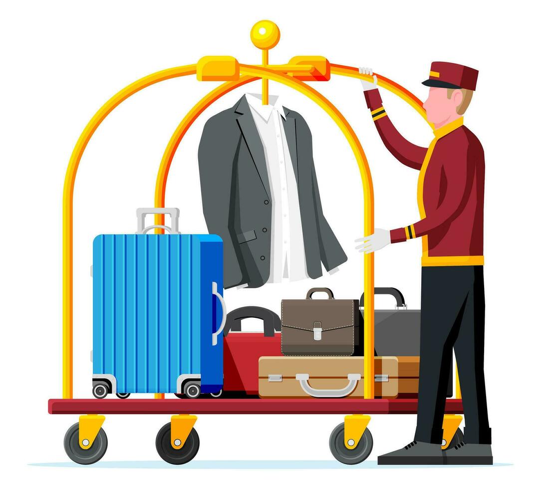 Hotel Gepäck Wagen und Hotelpage Charakter. Page Arbeiter mit Hotel Gepäck Wagen mit Taschen isoliert. Handtruck zum Transport im Hotel. Ferien und Reise. eben Vektor Illustration