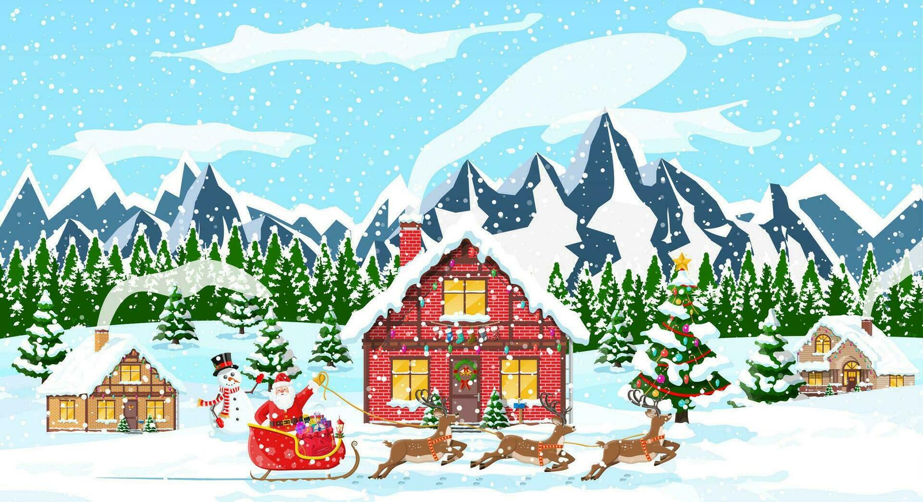 förorts hus täckt snö. byggnad i Semester prydnad. jul landskap träd, santa släde renar. ny år dekoration. glad jul Semester xmas firande. vektor illustration