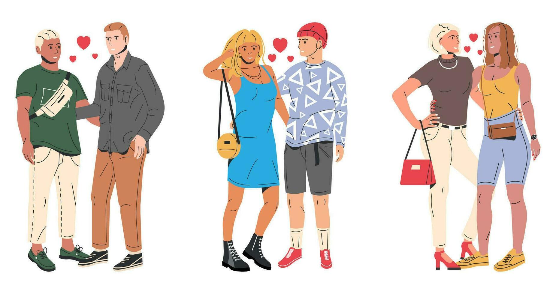 samling av annorlunda typer av par. uppsättning av olika relationer. polygyni, interracial, Gay, lesbisk, heterosexuell människor. HBTQ stolthet, kön identitet, kärlek mångfald. platt vektor illustration