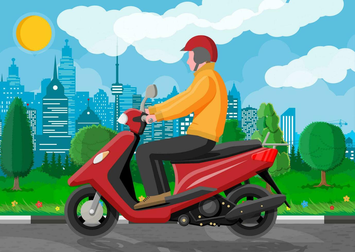 Mann auf Motor- Roller. städtisch Fahrzeug, Stadt Transport. Kerl Fahrt modern Motorrad. Stadtbild mit Gebäude, Baum und Straße. Karikatur eben Vektor Illustration.