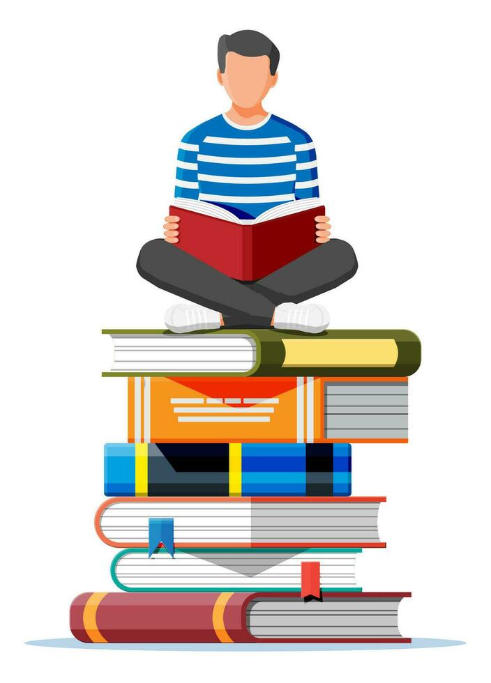 jung Mann Sitzung mit gekreuzten Beinen und lesen Buch. Junge im Lotus Pose auf Stapel von Bücher. kreativ Job oder studieren, Bildung. bereitet vor zu Prüfungen. Schüler mit Lehrbuch. Karikatur eben Vektor Illustration