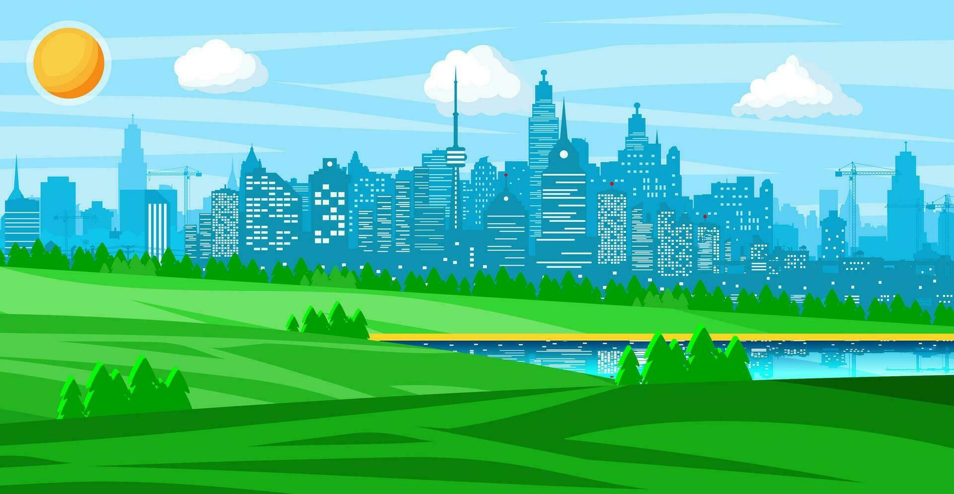 Stadt Park Konzept. städtisch Wald Panorama. Stadtbild mit Gebäude und Bäume. Himmel mit Wolken und Sonne. Freizeit Zeit im Sommer- Stadt Park. Vektor Illustration im eben Stil