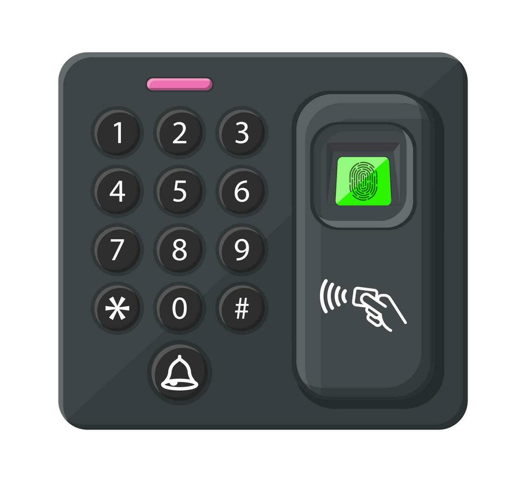 Lösenord och fingeravtryck säkerhet enhet på kontor eller Hem dörr. tillgång kontrollera maskin eller tid de närvaro. anslutning kort läsare. vektor illustration i platt stil
