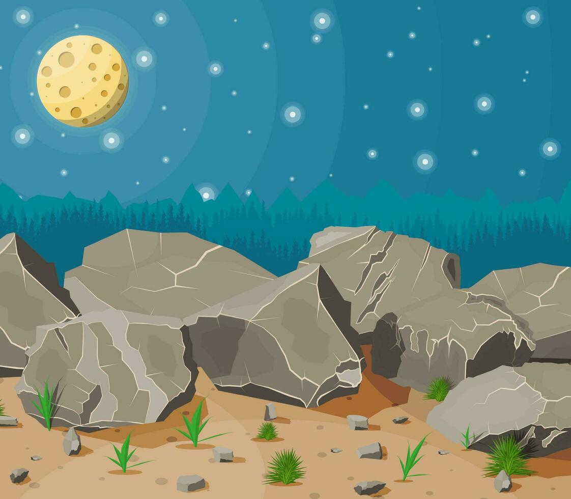 lugg av sten sten med gräs på sand. stenar och stenar i variationer storlekar. uppsättning av annorlunda stenblock. natt himmel med stjärnor och full måne. vektor illustration i platt stil