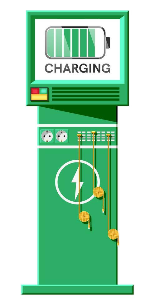 elektrisch Fahrzeug, Gerät Laden Bahnhof. bekommen Energie von Batterie liefern. Handy, Mobiltelefon Batterie Terminal zum Handy, Mobiltelefon Telefone und andere Gerät. aufladen Bahnhof mit Bildschirm. Karikatur eben Vektor Illustration