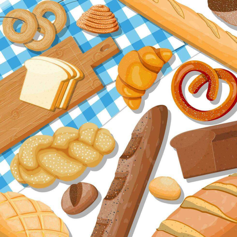 Brot Symbole einstellen auf Tisch. ganze Getreide, Weizen und Roggen brot, Toast, Brezel, Ciabatta, Croissant, Bagel, Französisch Stangenbrot, Zimt Brötchen. Vektor Illustration im eben Stil