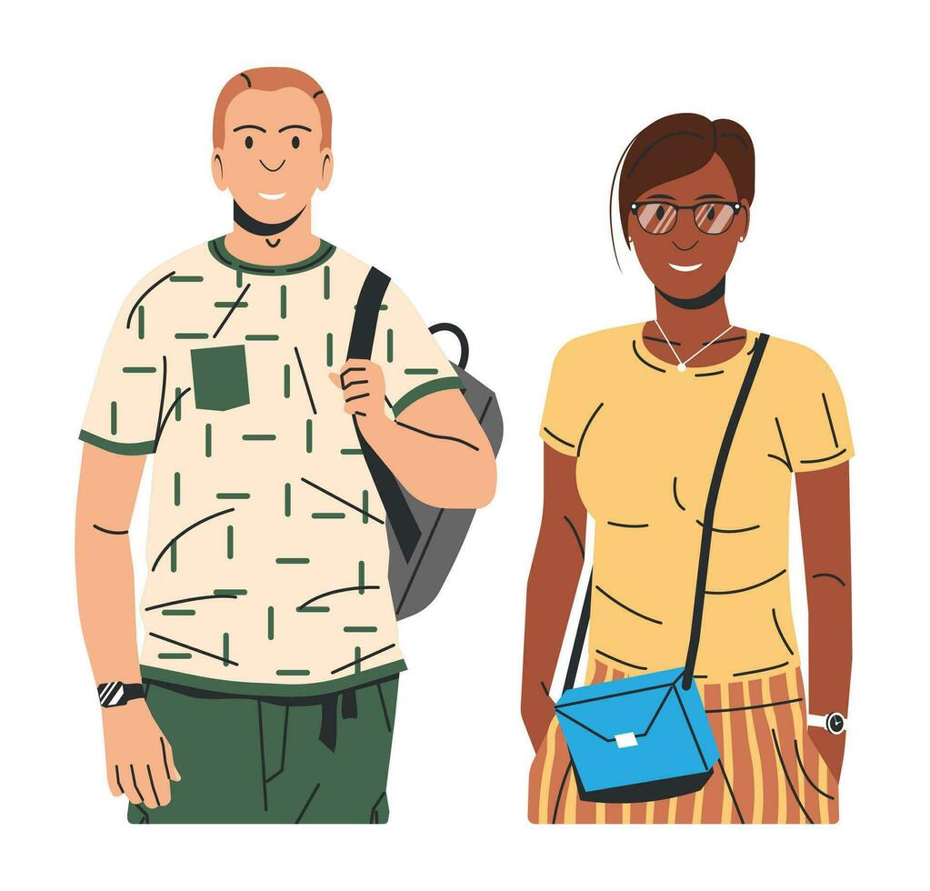 kurz Haar Frauen und Mann isoliert. Mode Mädchen mit Tasche und Brille. modisch Mann im beiläufig Kleider mit Rucksack. modisch Lebensstil. eben Vektor Illustration