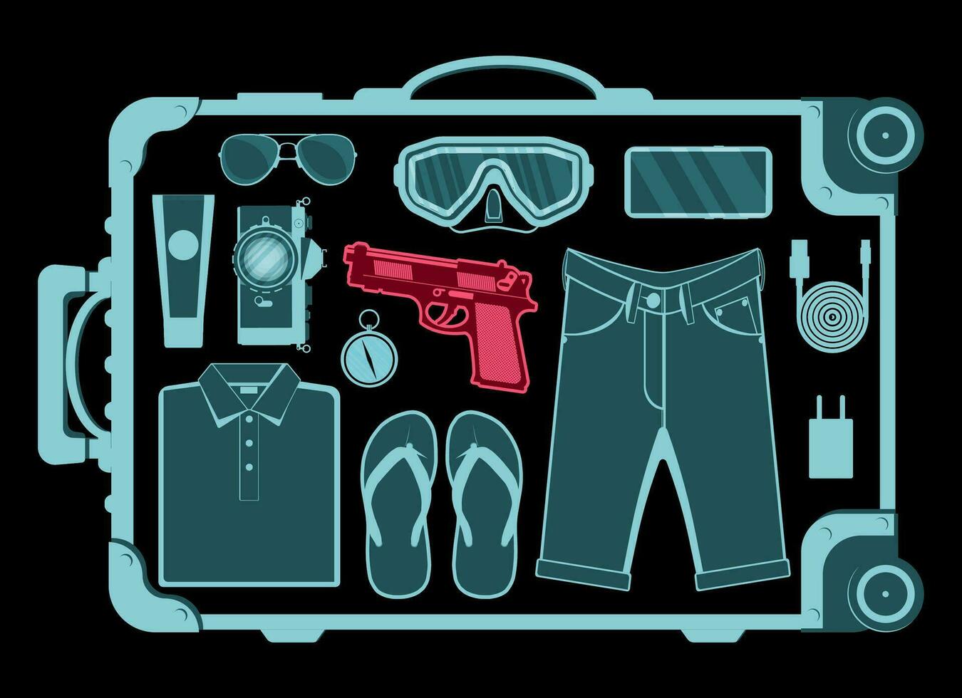 Flughafen Sicherheit Scanner Symbol. Förderer Gürtel mit Passagier Gepäck. Gepäck Karussell Scan isoliert auf Weiß. Paket Röntgen Gepäck. Sicherheit, logistisch und Lieferung. Karikatur eben Vektor Illustration