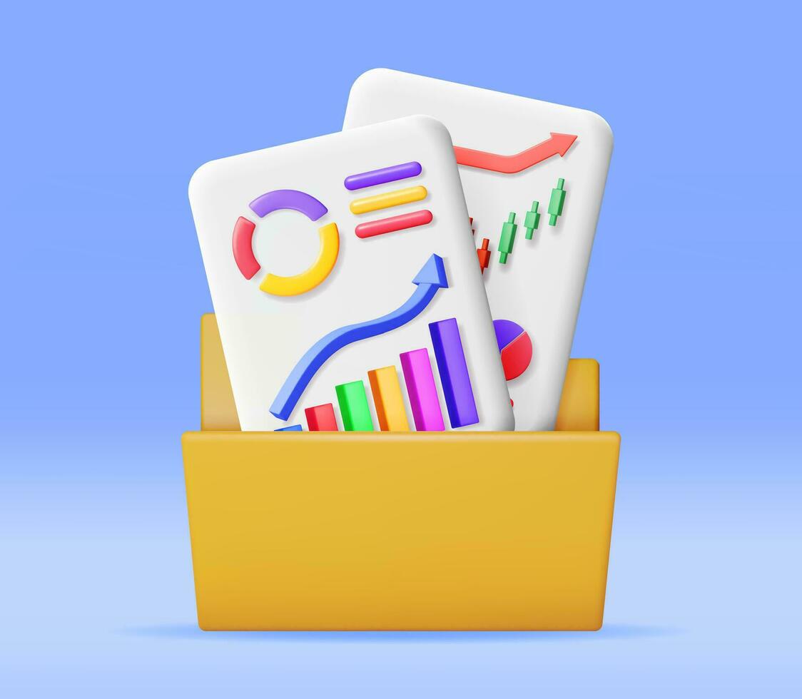 3d Datei Mappe voll von Papier Blatt mit Kuchen Diagramm. machen Lager Kuchen Wachstum oder Erfolg. finanziell Artikel, Geschäft Investition, finanziell Markt Handel und Berichte. Geld und Banken. Vektor Illustration