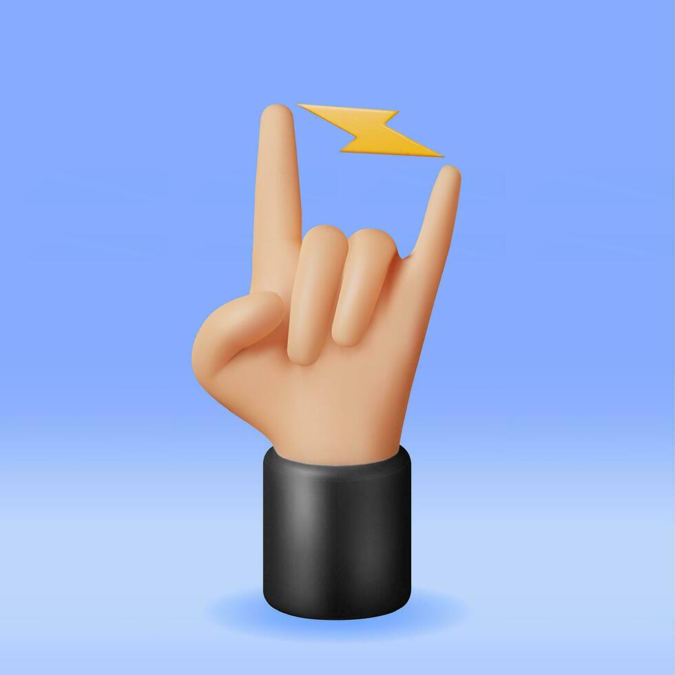 3d hand sten gest symbol isolerat. framställa sten n rulla musik hand emoji. rocker tecknad serie hand som visar horn tecken. musik ikon begrepp. vektor illustration