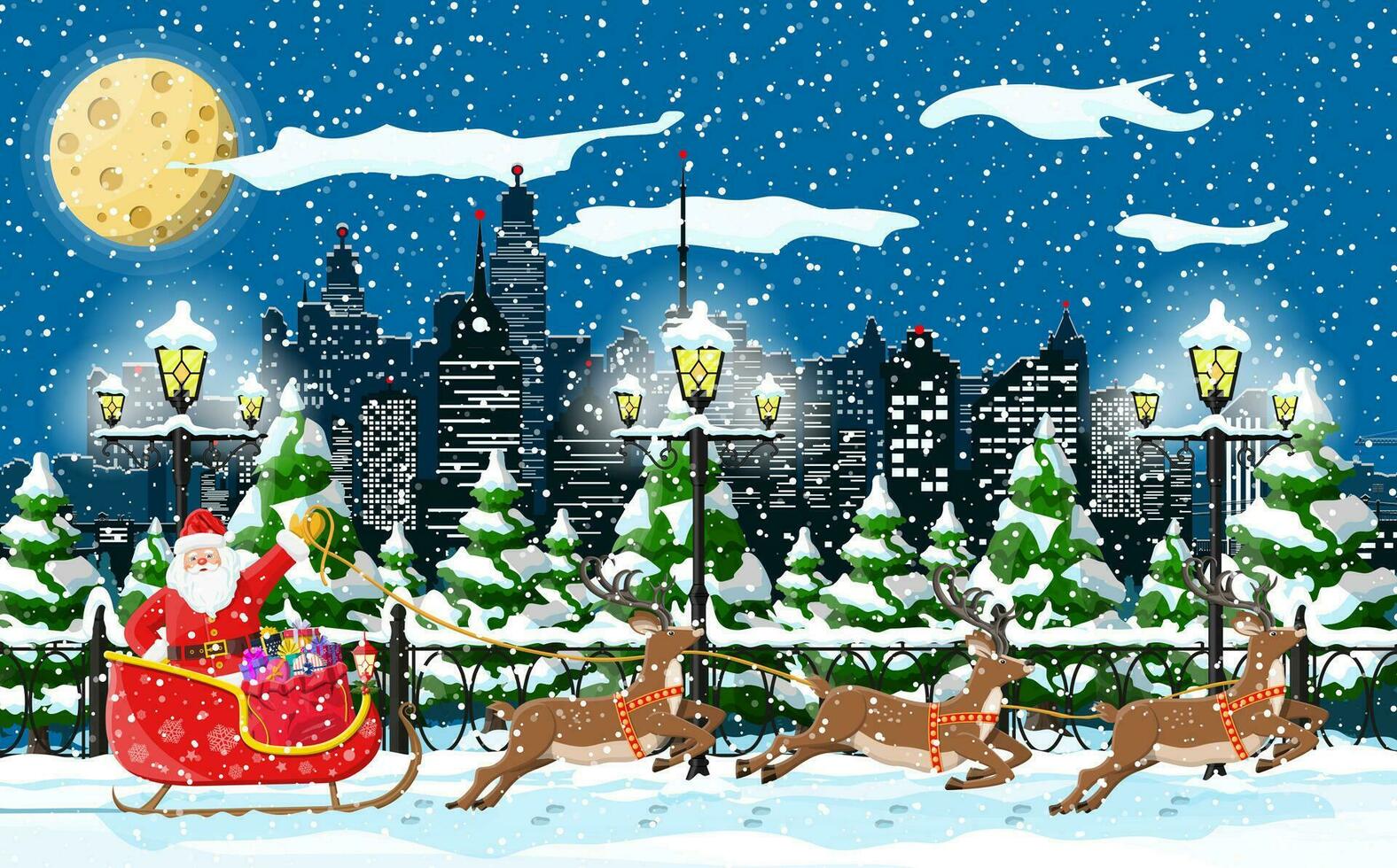 Santa claus Fahrten Rentier Schlitten. Weihnachten Winter Stadtbild, Schneeflocken, Gebäude. glücklich Neu Jahr Dekoration. fröhlich Weihnachten Urlaub. Neu Jahr und Weihnachten Feier. Vektor Illustration eben Stil