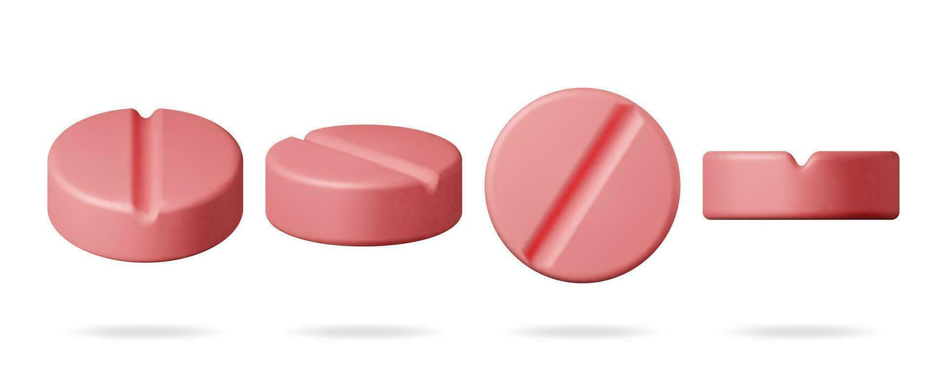 3d klassisch Tabletten von anders Winkel Sammlung isoliert. machen runden Tablets Satz. Pille zum Krankheit und Schmerzen Behandlung. medizinisch Arzneimittel, Vitamin, Antibiotikum. Gesundheitswesen Apotheke. Vektor Illustration