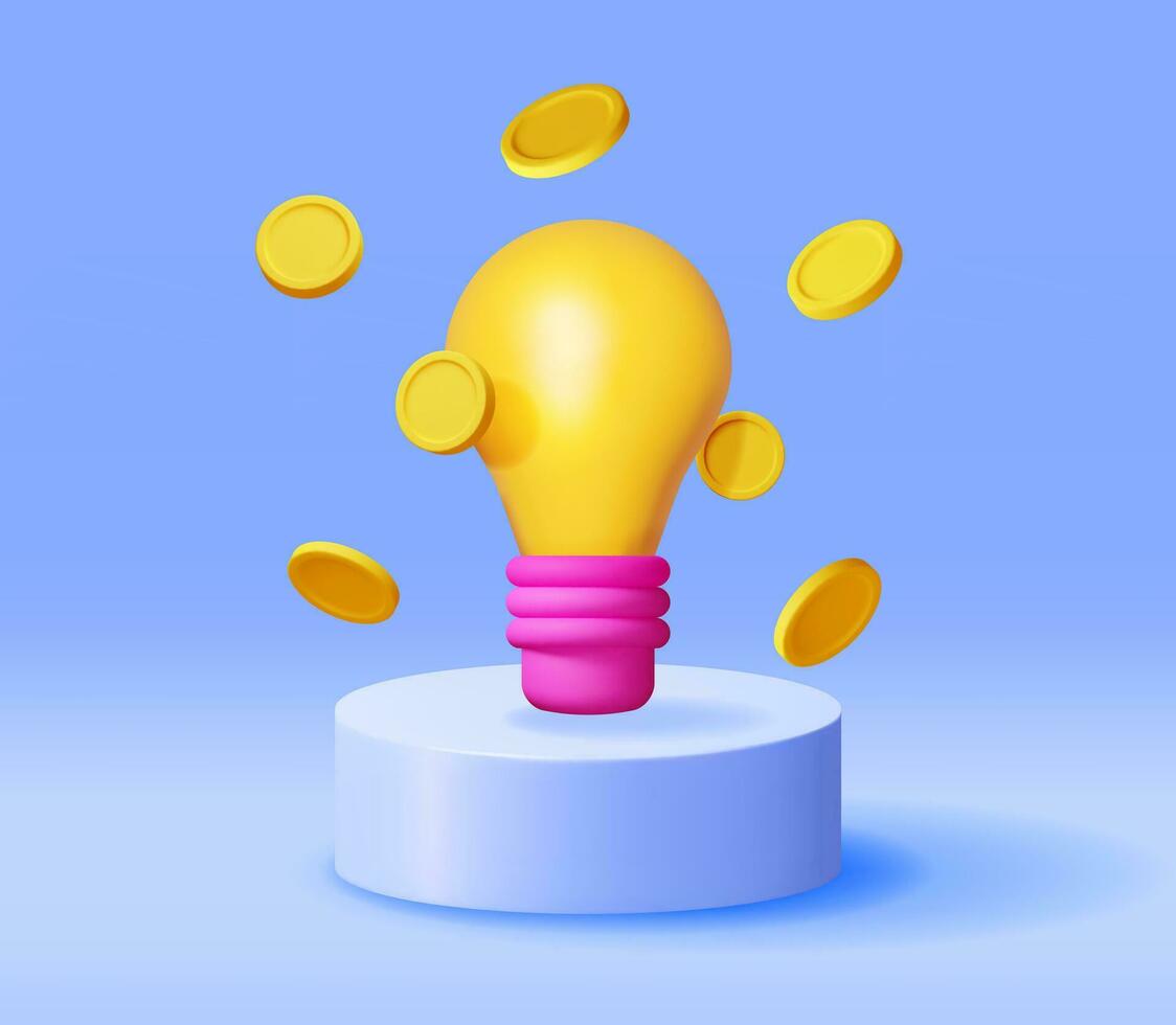 3d ljus Glödlampa med gyllene mynt på podium. framställa gul aning Glödlampa gör pengar. glas glödlampa symbol. kreativ aning inspiration. brainstorming utveckling. företag börja. vektor illustration