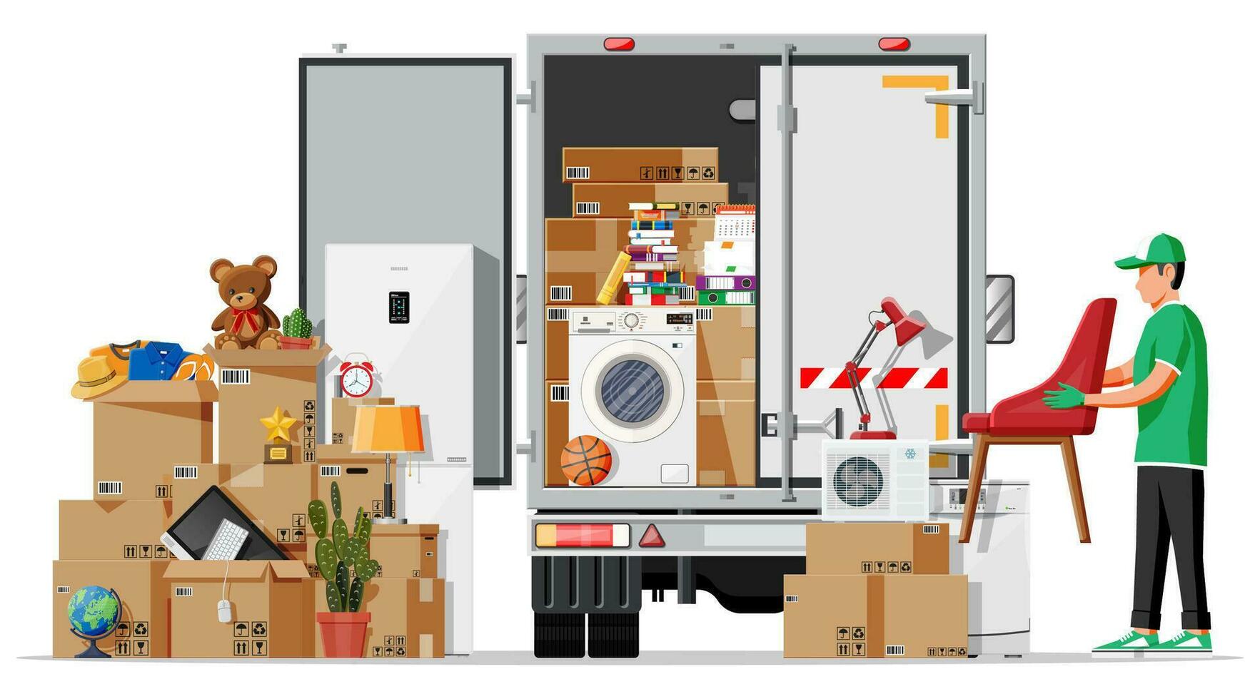 Lieferung LKW voll von Zuhause Zeug innen. ziehen um zu Neu Haus. Familie verlegt zu Neu heim. Kisten mit Waren. Paket Transport. Computer, Lampe, Kleidung, Bücher. eben Vektor Illustration