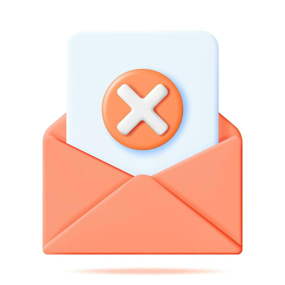 3d papper kuvert och tom med röd korsa isolerat. framställa x bock meddelande i röd post låda. avvisade eller inställt e-post, nedgång meddelande, spam, raderade SMS, säga upp. vektor illustration