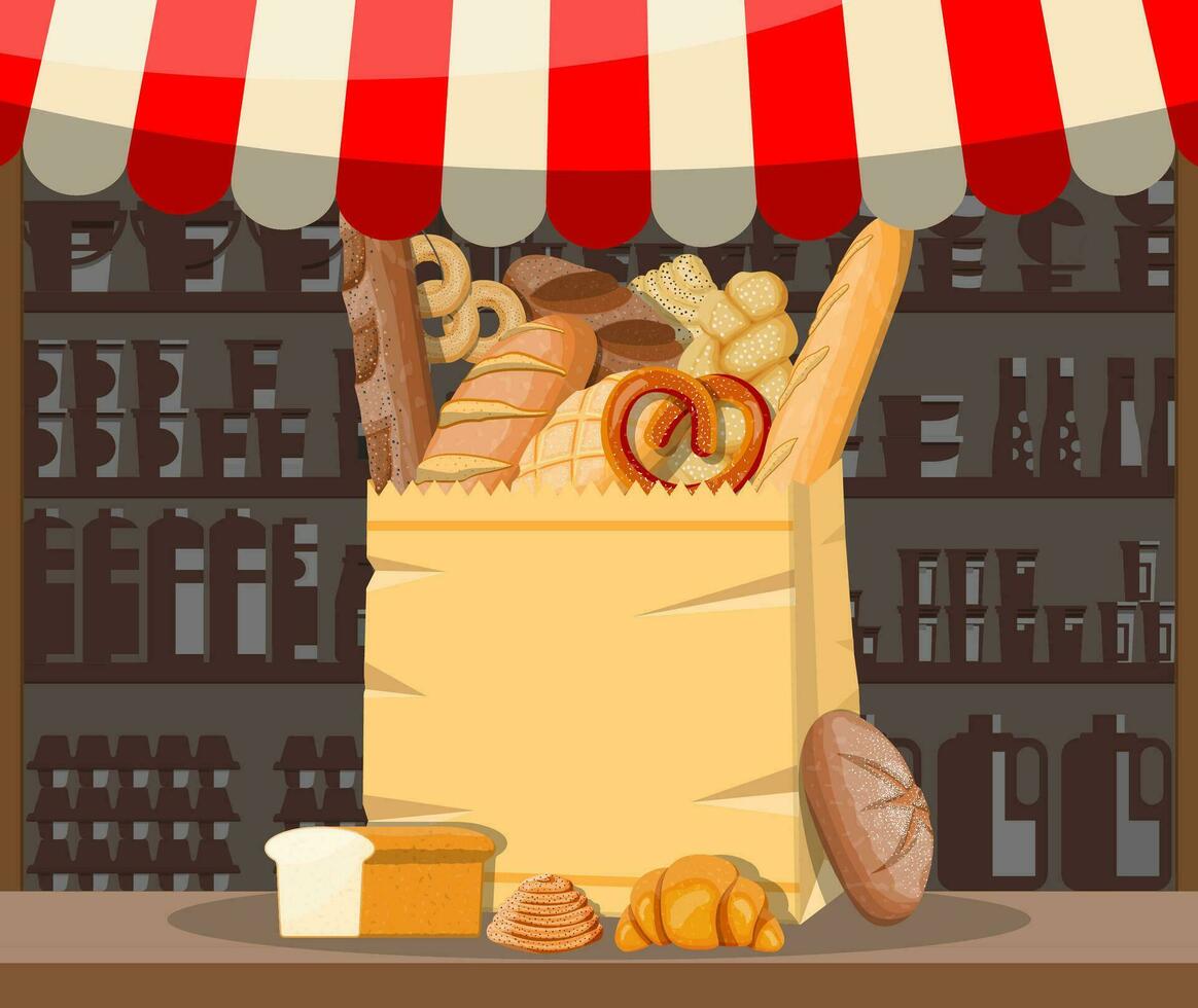 bröd Produkter och marknadsföra bås. hela spannmål, vete och råg bröd, rostat bröd, pretzel, ciabatta, croissant, bagel, franska baguette, kanel bulle. vektor illustration i platt stil