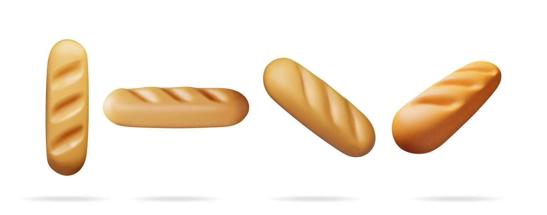 3d Brot Symbol von anders Winkel Sammlung isoliert auf Weiß. machen einstellen Brot oder Laib Symbol. Laib von Weizen Brot. Korn Brot rollen gebacken Essen Stangenbrot. Bäckerei Geschäft. realistisch Vektor Illustration