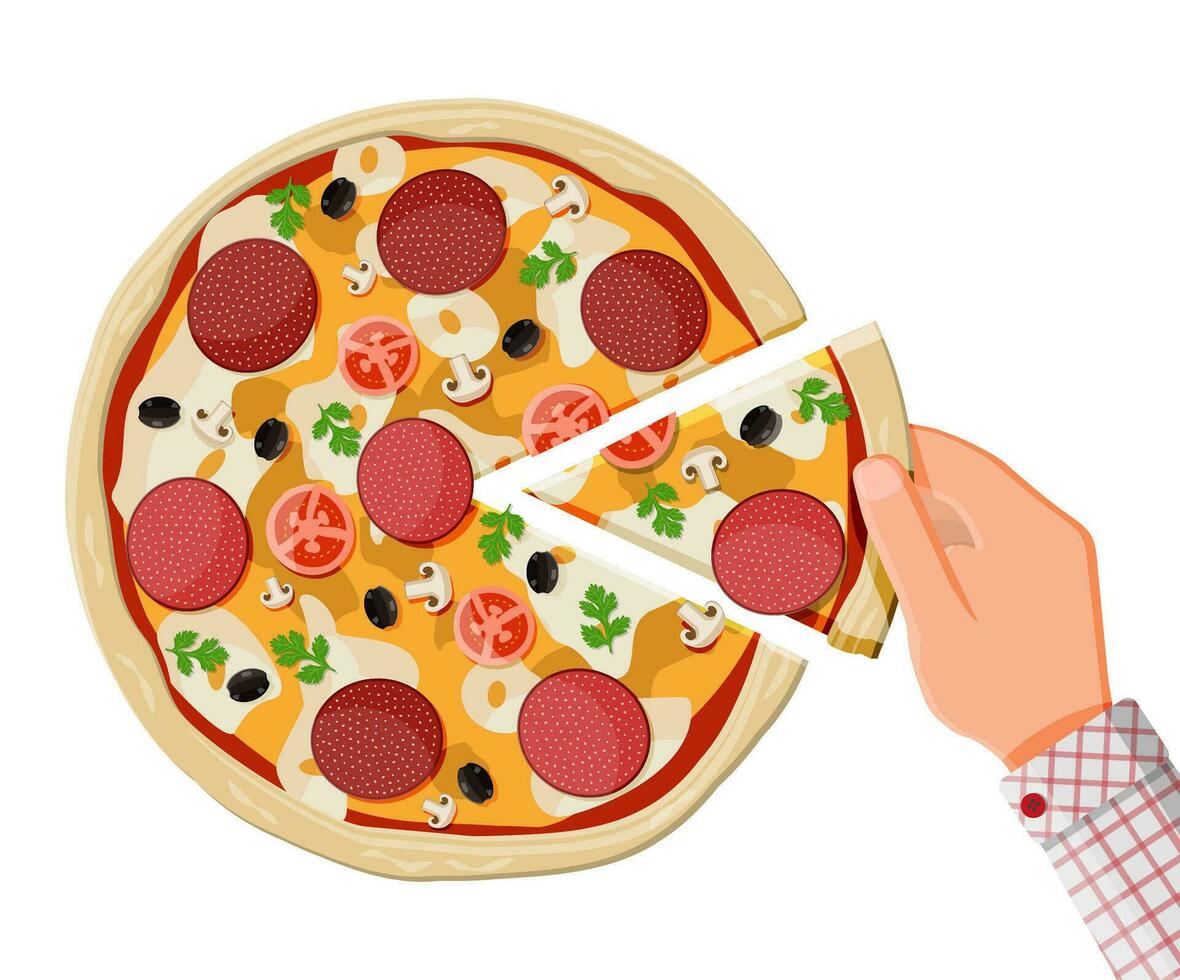 Pizza mit Peperoni. traditionell schnell Lebensmittel. Teig, Käse, Salami, Olive, Tomate und Gemüse. Vektor Illustration im eben Stil