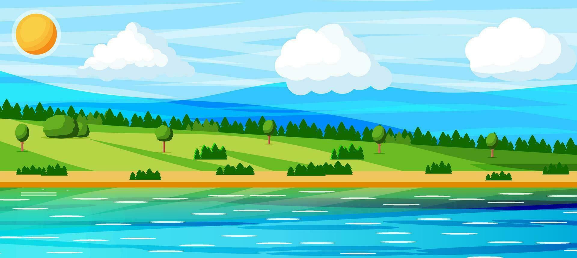 landskap av kullar och flod. sommar natur landskap med skog, gräs, Sol, himmel, sjö och moln. nationell parkera eller natur boka. vektor illustration i platt stil
